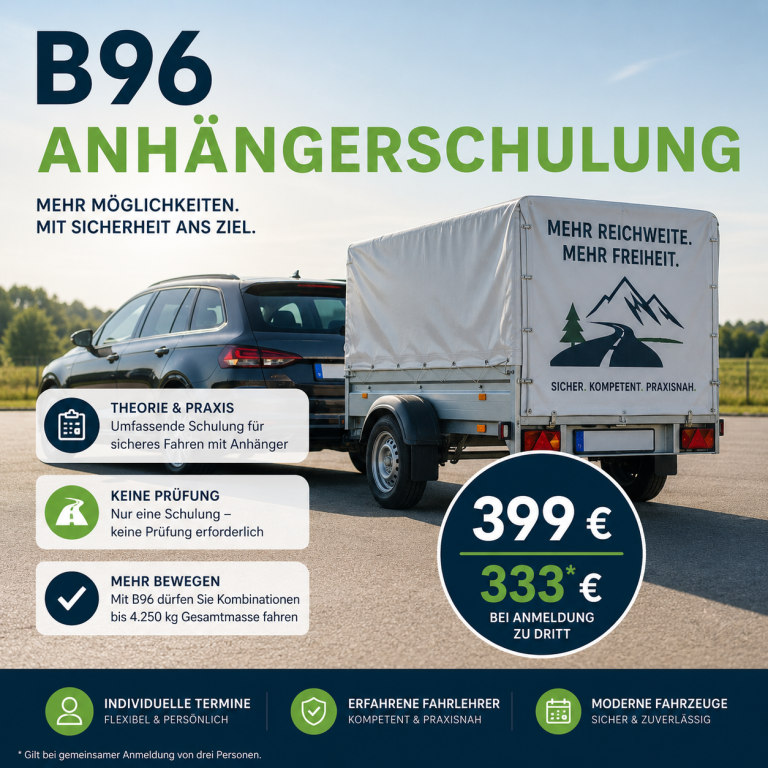 Fahrschulauto mit Anhänger zur Werbung für B96 Anhängerführerschein B96 ohne Prüfung: Schnell & einfach zur Erweiterung. Jetzt B96 Schulung in Bergisch Gladbach buchen!